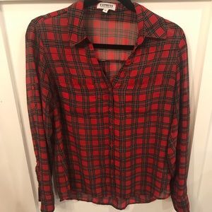 Red plaid sheer button up blouse